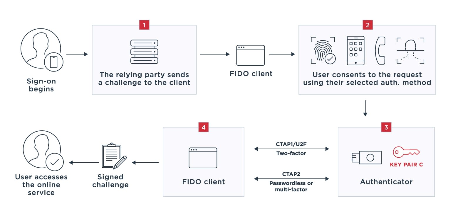 Diagram outlining how FIDO2 works to authenticate users.