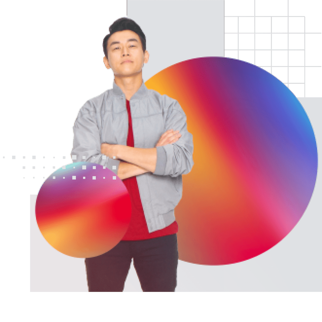 Decorative graphic containing photo of an asian man standing with arms crossed with one small colorful circle in front of him and one large colorful circle behind him.