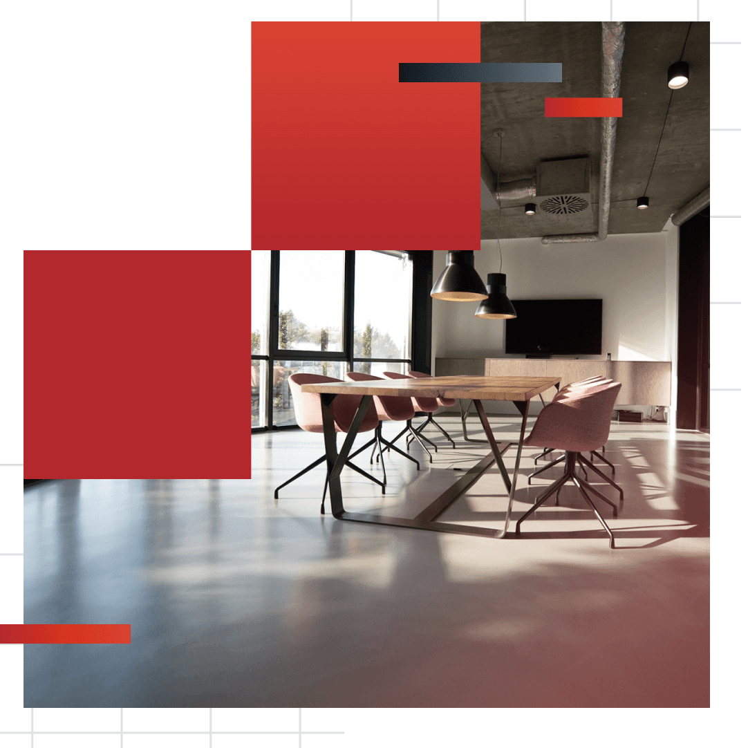 Decorative graphic containing photo of an empty conference room with casement windows and an empty conference table and chairs with pendant lights.