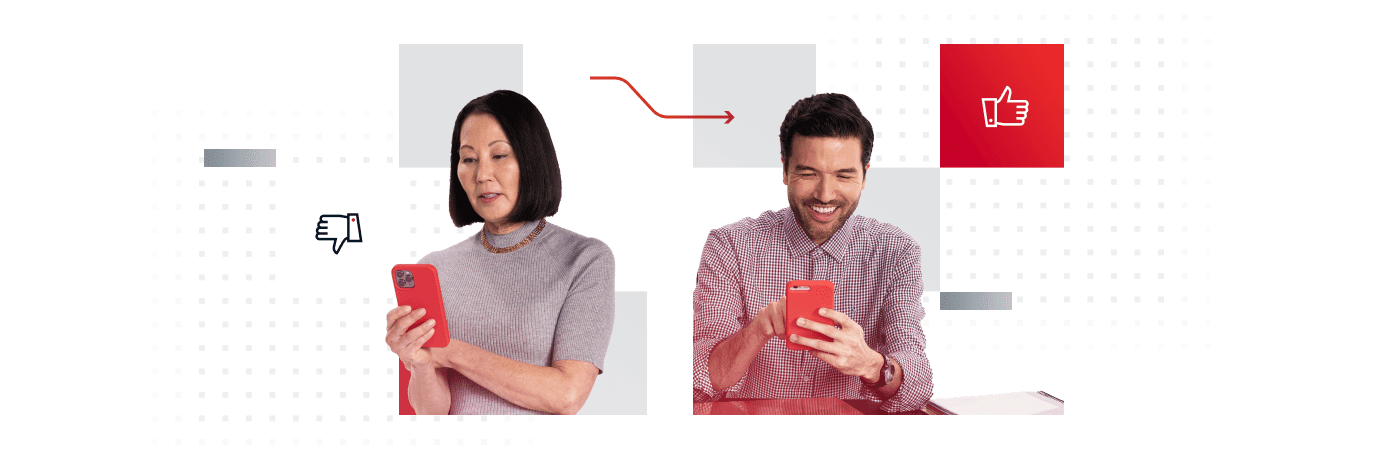 Photo of a woman and a man looking at their mobile phones. The woman is having a bad digital experience and looks displeased while the man is smiling and enjoying his digital experience.
