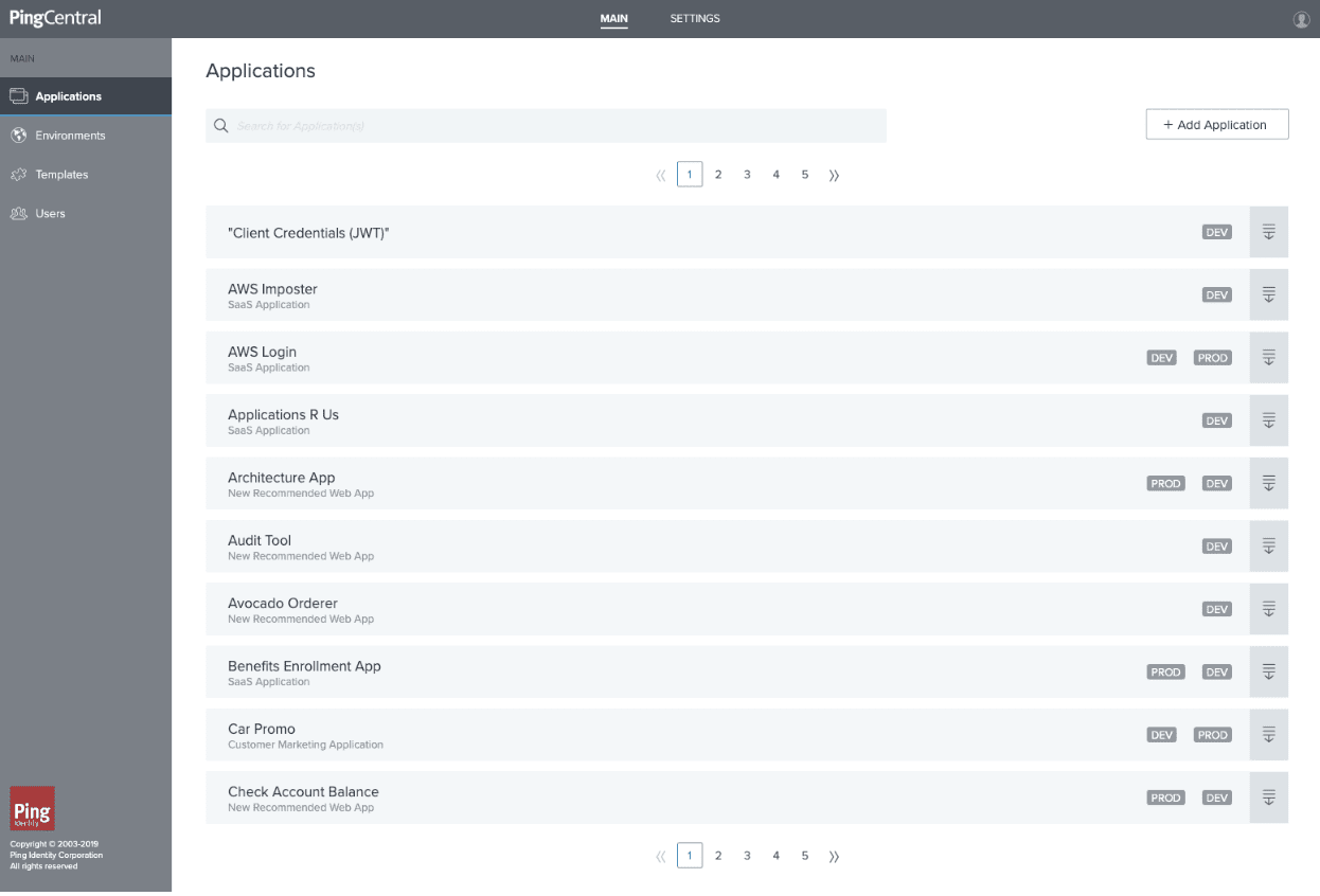 Image of the PingCentral self-service application integration portal.